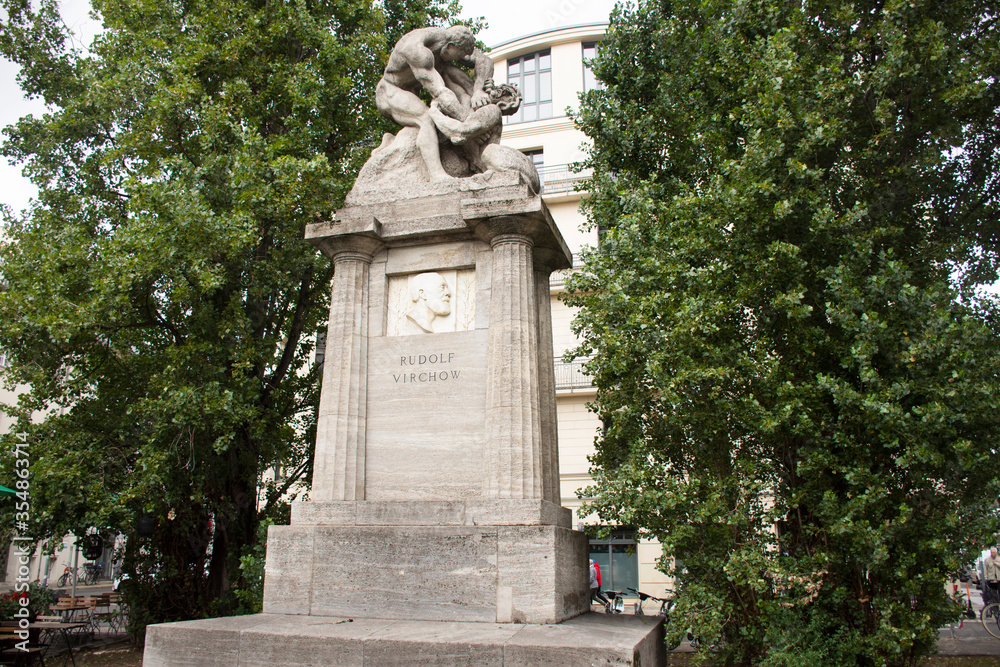 Rudolf Ludwig Karl Virchow monument at Reinhardtstrasse road for German people and foreigner travelers visit at Berlin city on September 17, 2019 in Berlin, Germany