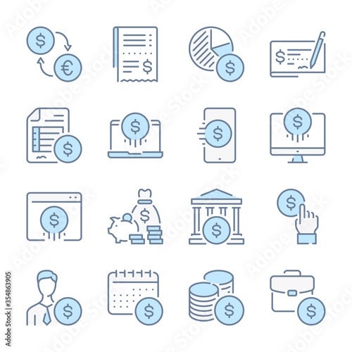 Banking and Finance related blue line colored icons. Money and Payment icon set.