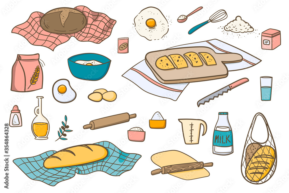 Baking bread at home, bakery cartoon doodles illustration. Hand drawn ...