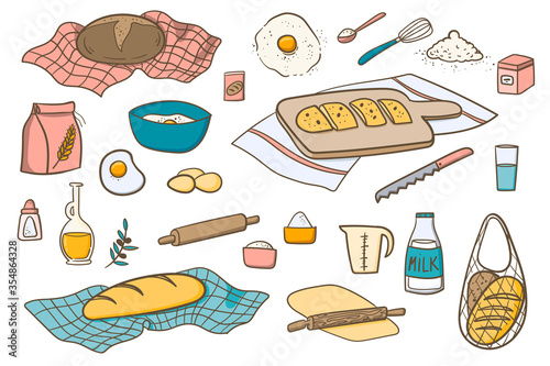 Baking bread at home, bakery cartoon doodles illustration. Hand drawn food, ingredients and dishes.