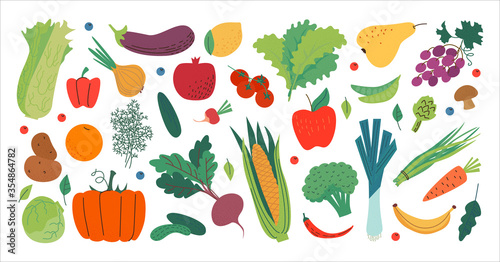 Flat style of organic vegetables and fruit
