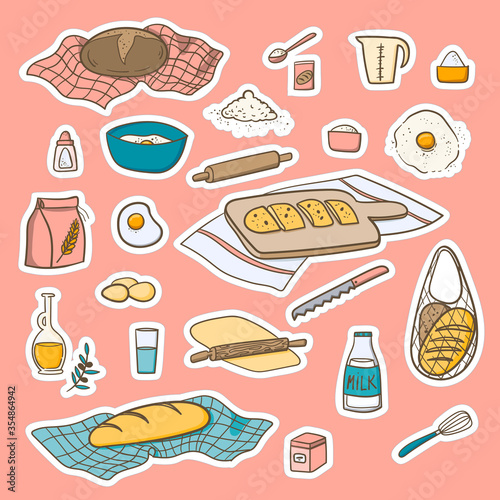 Bread baking doodle stickers set. Food ingredients.