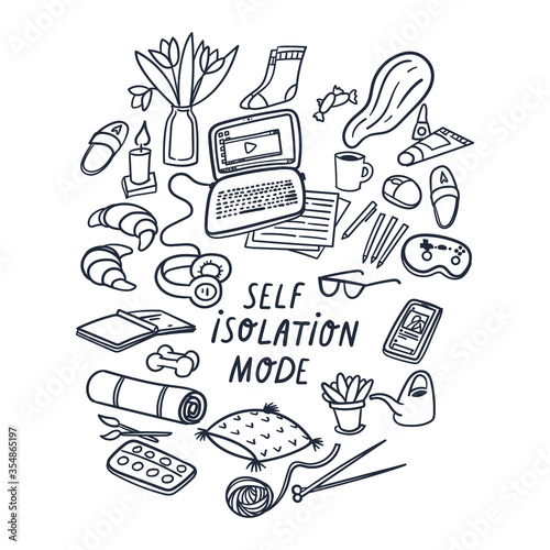 Self isolation doodles with laptop, headset, mouse, croissant, hot drink, flowers, house plant, sport tools etc. Hand drawn concept illustration about staying home during quarantine and pandemic.
