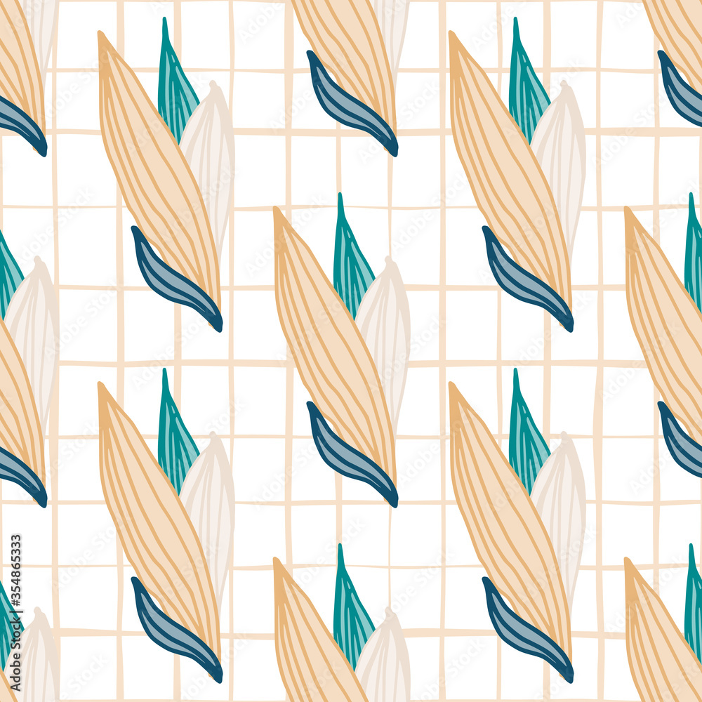 Tropical linear leaves shape seamless pattern in vintage style. Abstract line art endless wallpaper.