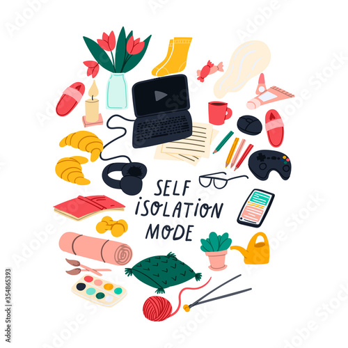 Self isolation doodles with laptop, headset, mouse, croissant, hot drink, flowers, house plant, sport tools etc. Hand drawn concept illustration about staying home during quarantine and pandemic.