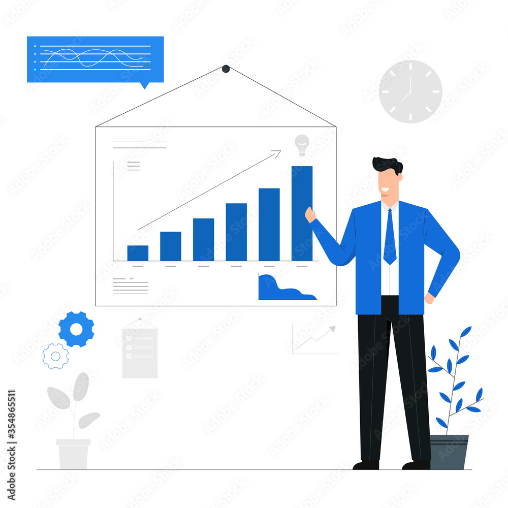 Businessman presenting business growth trend,Analysis for investment,Marketing financial,Data display by graph,Character illustration banner background blue Businessman presenting business growth trend,Analysis for investment,Marketing financial,Data display by graph,Character illustration banner background blue