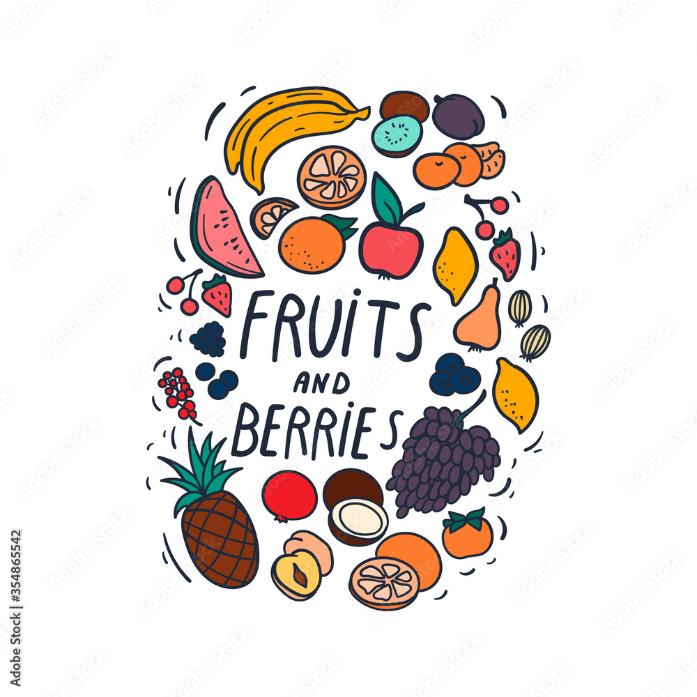 Naklejka premium Fruits and berries hand drawn doodles. Cartoon illustration.