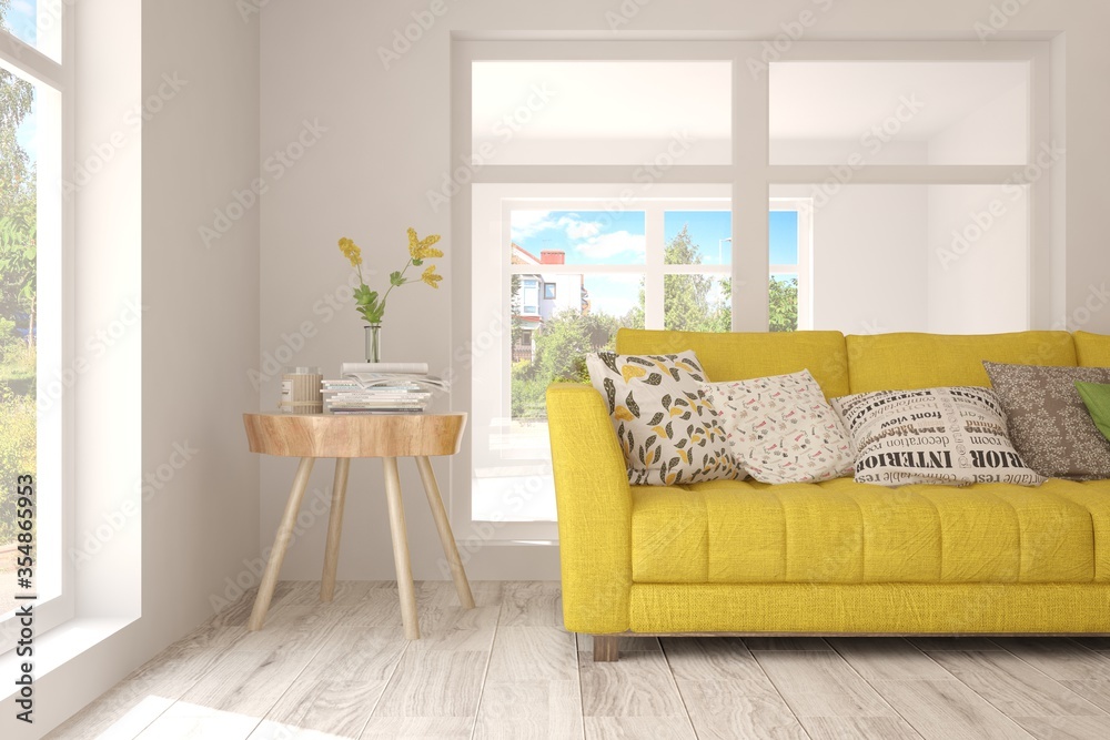 Fototapeta premium White living room with sofa. Scandinavian interior design. 3D illustration