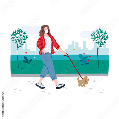 Young woman walking a dog along the waterfront during coronavirus world pandemic. Prevention measures. Hand drawn doodle cartoon concept illustration.