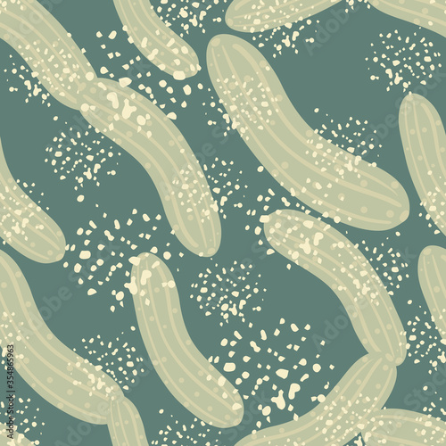 Chaotic cucumber seamless pattern on grunge background. Cucumbers vegetable endless wallpaper.