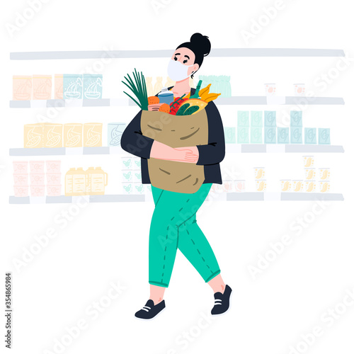 Woman doing grocery shopping during coronavirus pandemic quarantine. Food resupply.
