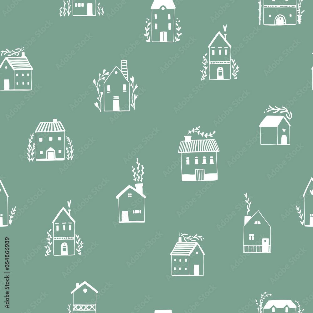 Scandinavian houses seamless pattern. Vector hand-drawn illustration of a building in a simple childish cartoon style. Cute sketch drawing in white on a pastel green background