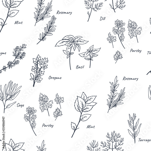 Culinary herbs seamless pattern. Cartoon flat style. Doodle hand drawn background for textile, packaging, wrapping.