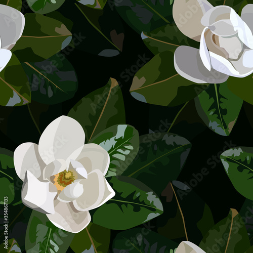 seamless pattern with magnolia leaves and flowers