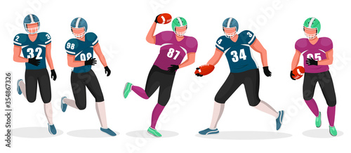 Collection of people playing gridiron in teams. Competition between members. American football players involved in aggressive kind of sports. Running athletes and tossing ball, vector in flat style