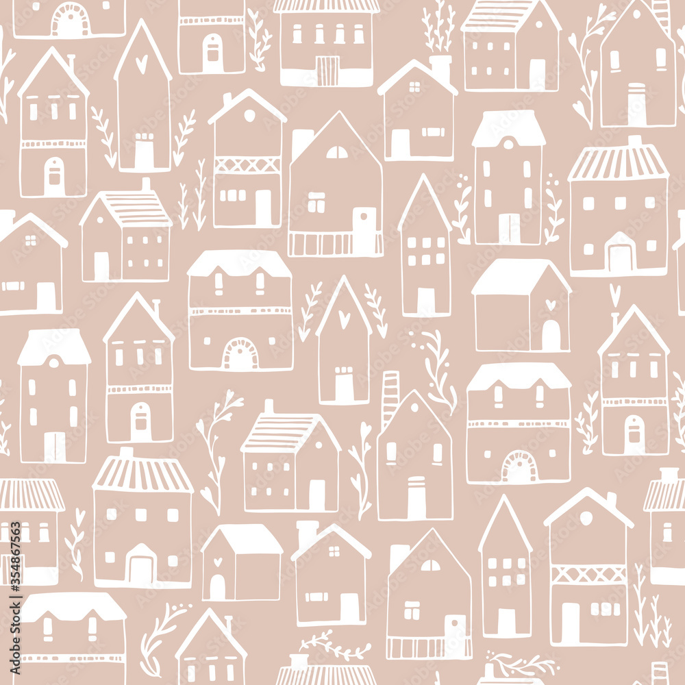 Scandinavian houses seamless pattern. Vector hand-drawn illustration of a building in a simple childish cartoon style. Cute sketch drawing in white on a light beige background