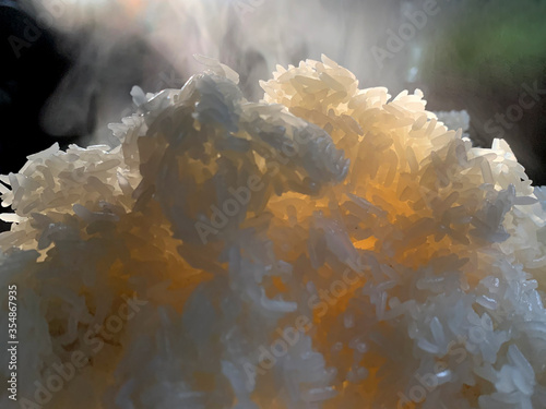 Close up hot sticky rice with smoke after boil.