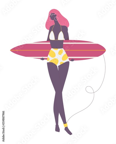 Flat female surfer character in white swimsuit beachwear with surfboard in hands. Vector young woman of african ethnicity isolated on white with funboard