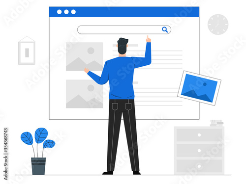 Man searching for images to be used,Upload pictures,Picture collection website,Blue tone background vector illustration