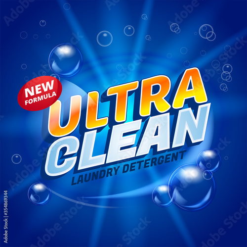 Ultra clean design product package template. Toilet or bathroom household cleanser. Wash soap background design. Washing machine Laundry detergent ads. Vector stock illustration.
