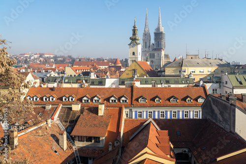 Zagreb cathedral and historic city center view