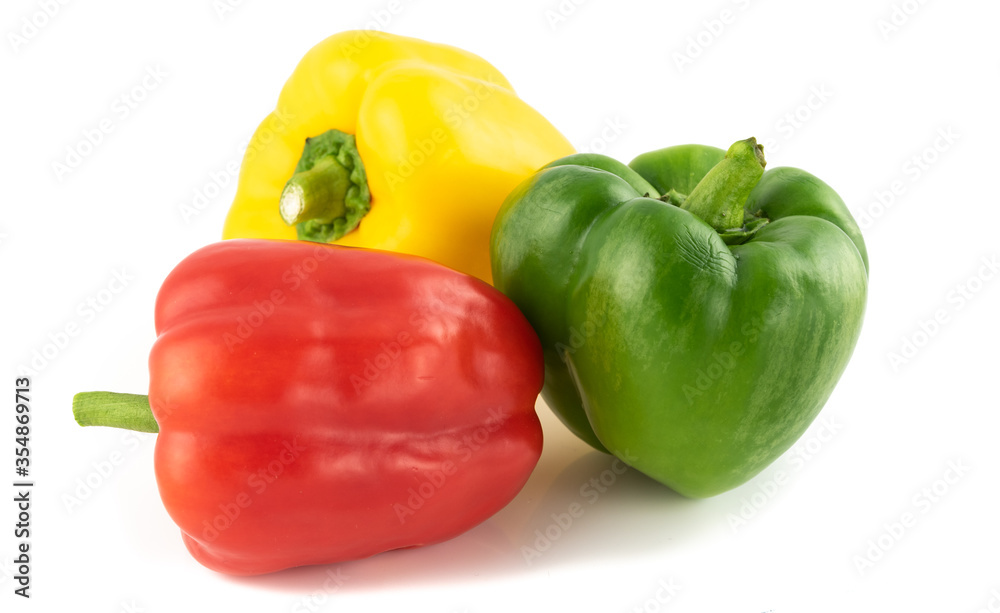 Trio of Bell Peppers close up isolated on a white background. Trio of Bell Peppers close up isolated on a white background.