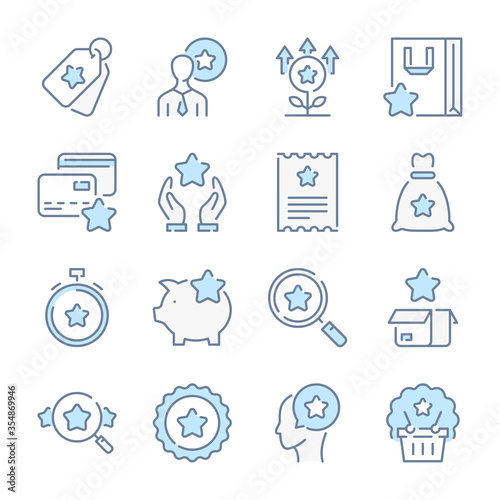 Loyalty program related blue line colored icons.  Customer reward service icon set.