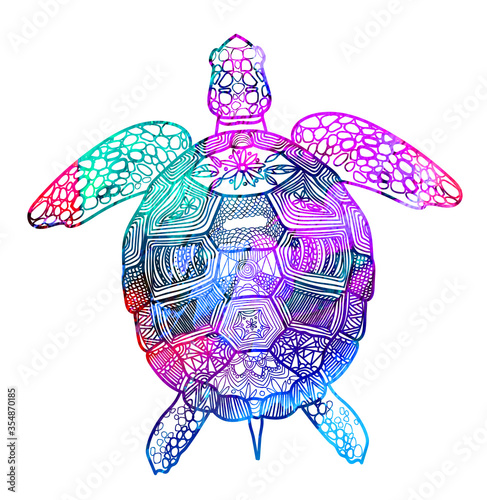 The sea turtle swims. Meditative coloring of antistress. Arrows, strips, scales, lines. Logo, print on the T-shirt. Children's painting, drawing by hand. 