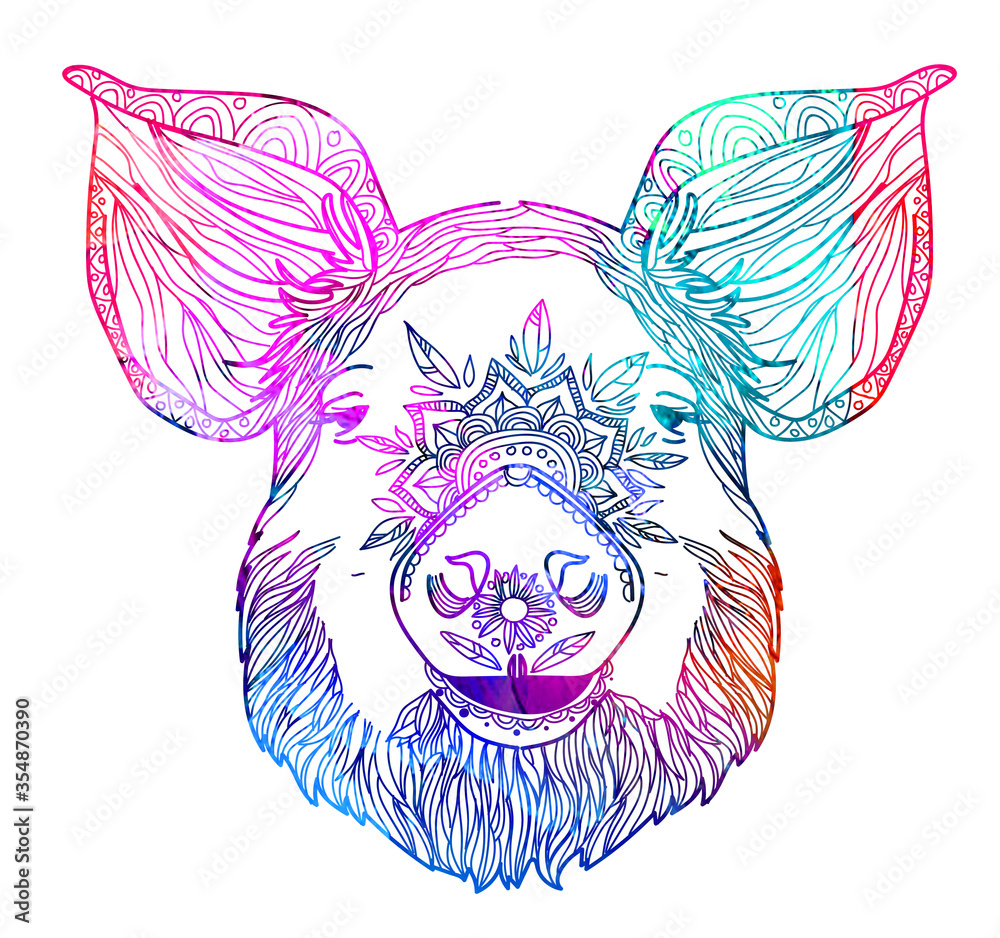 Obraz premium Domestic pig. Doodling coloring book. A drawing with many details. Meditative coloring. Dots, strokes, patterns.