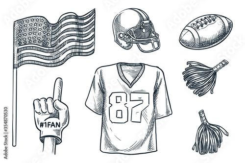 American football lovers accessories set, isolated on white background. Vector sketch illustration of sports equipment