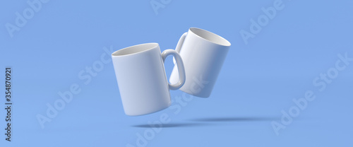 blank mug floating on blue background 3D rendering