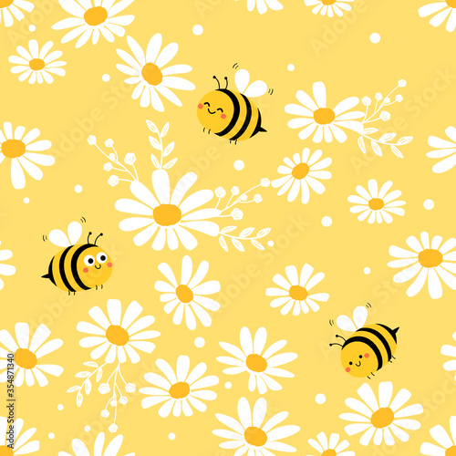 Daisy seamless pattern and cartoon bee on yellow background vector. 