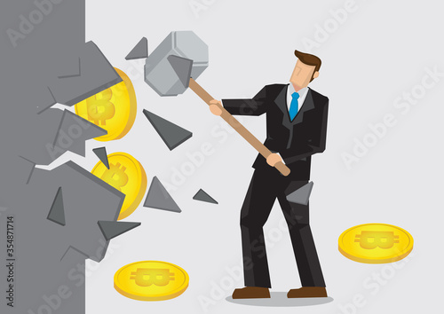 Businessman break open wall for bitcoins.