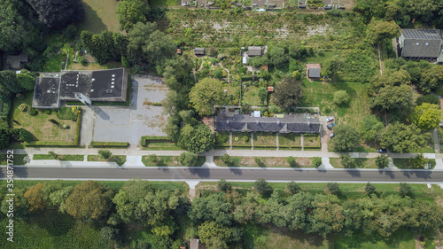 Aerial Catholic Church and Rusthuis II at Maatschappij van weldadigheid. Frederiksoord Drenthe Netherlands. Drone shot.  photo