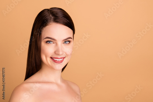 Close up photo of positive girl real beauty queen have new skincare treatment salon spa therapy for her body to make skin pure perfect flawless isolated over pastel color background