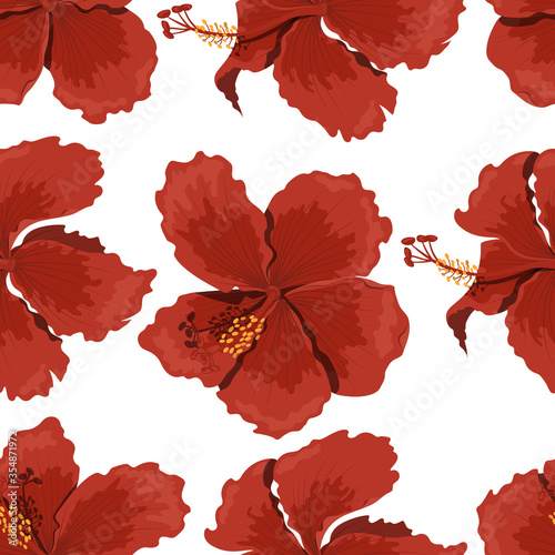 Tropical flowers seamless pattern. Hibiscus image. Fabric print. Exotic textile design. Red floral plant in cartoon style. Jungle flora