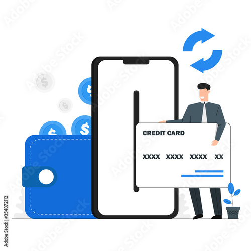 Businessman are exchanging currency via credit card on a mobile phone,Withdrawing money into the wallet,Blue tone vector character illustration