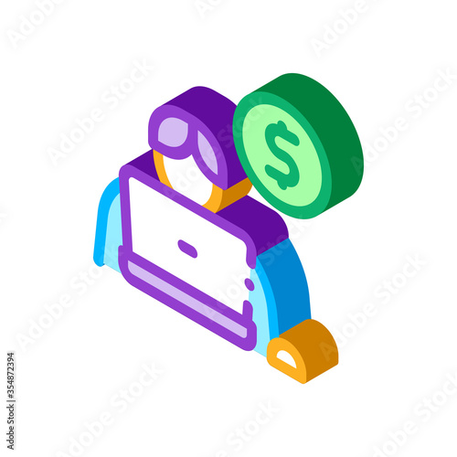 Man Laptop Coin Icon Vector. Isometric Man Laptop Coin isometric sign. color isolated symbol illustration