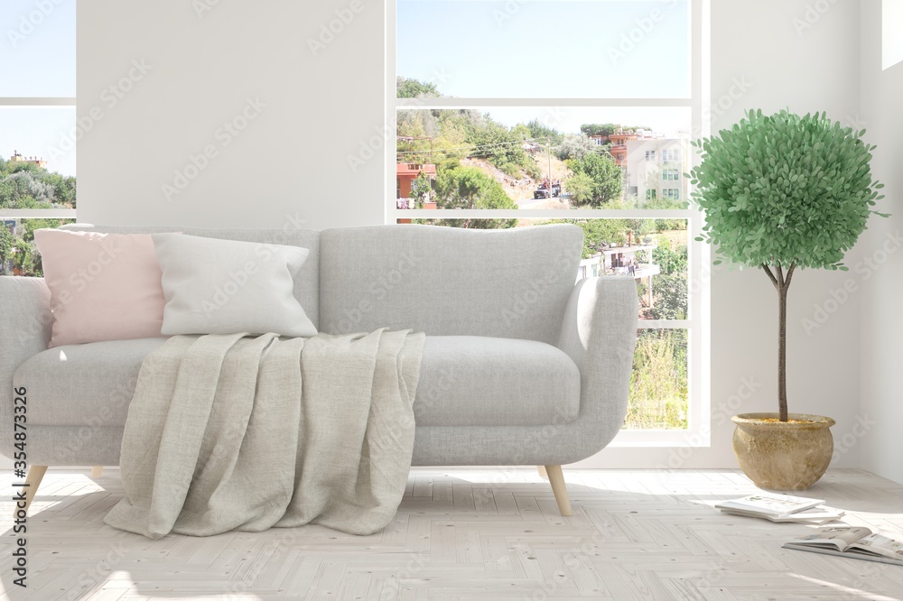 Fototapeta premium White living room with sofa. Scandinavian interior design. 3D illustration