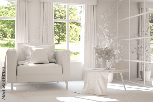 Mock up of stylish room in white color with armchair. Scandinavian interior design. 3D illustration © AntonSh