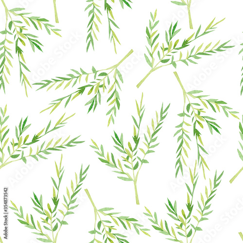 Fototapeta Naklejka Na Ścianę i Meble -  Watercolor greenery plants seamless pattern. Green floral kids forest background for the wrapping paper, textile fabric, wallpaper decor, wedding invintation, baby shower card
