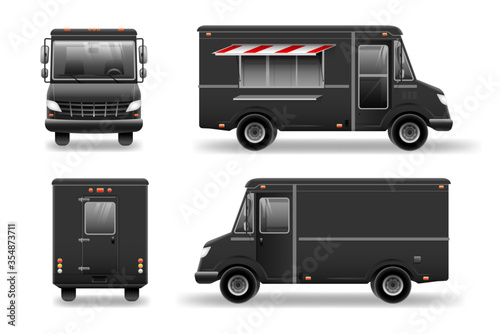 Black Food Truck Hi-detailed vector template for Mock Up Brand Identity. Food truck vector template for car branding and advertising. Isolated delivery van illustration on white.