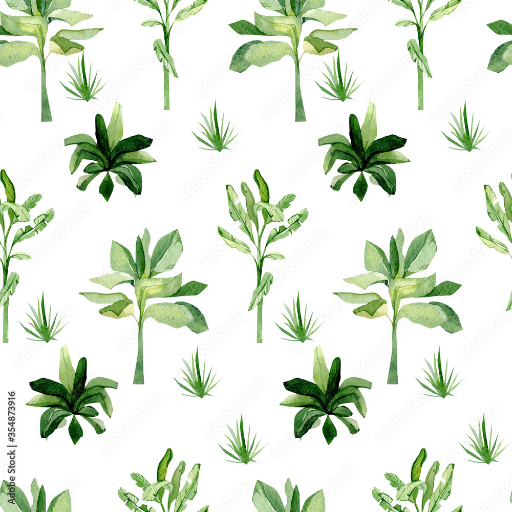 Watercolor tropical plants and trees seamless pattern. Africa summer kids jungle background, savannah pattern for the wrapping paper, textile fabric, wallpaper decor, greeting card
