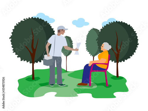 Young man gives newspapers to an old woman. Delivery of mail and newspapers. Postal delivery for the elderly. Help for the elderly, delivery of letters and mail.