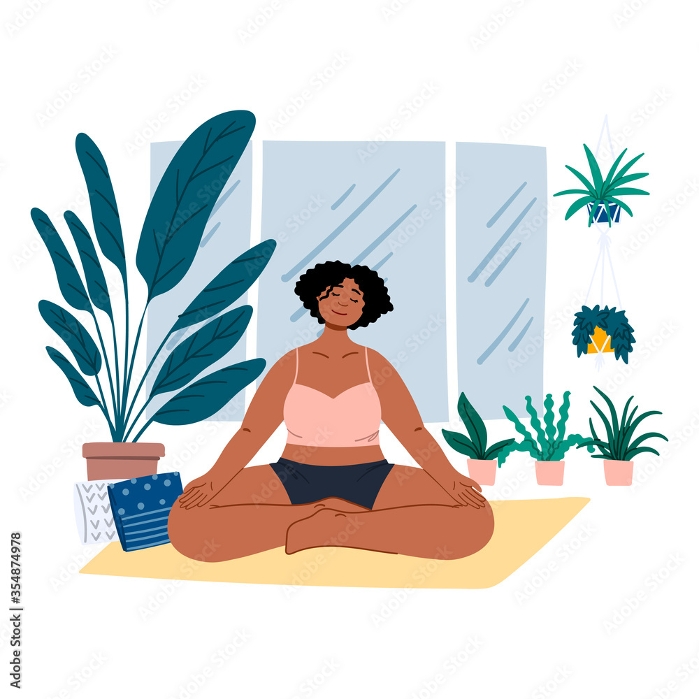 African american woman meditates at home. Cartoon flat urban jungle, body positive, self acceptance, mental health hand drawn concept illustration.