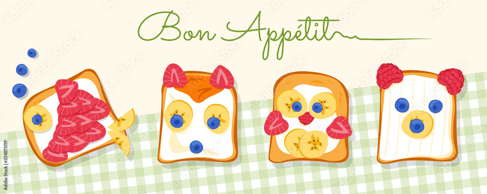 Four tasty fish, fox, chicken, bear shaped toasts, made by loving and creative parents for their children or loved ones.