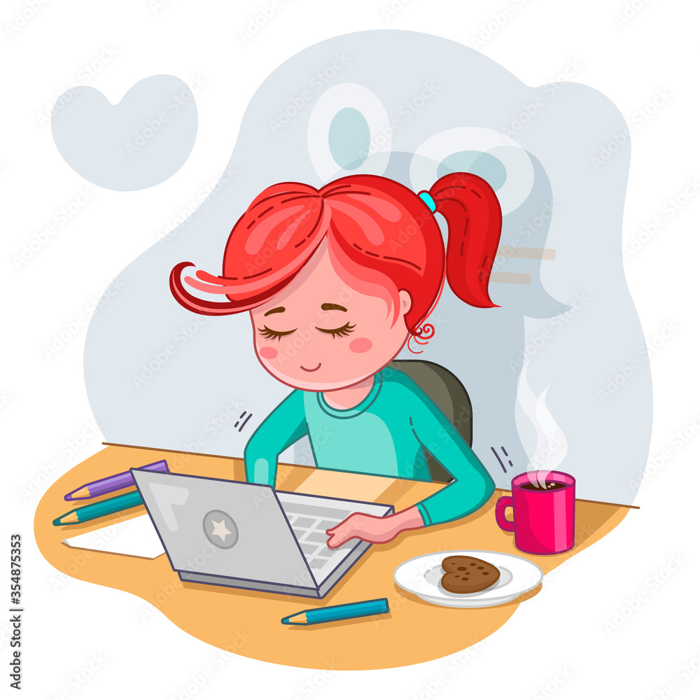 Home studying. Online education. Stay home. Work from home. A young woman seat at a desk with a laptop. Home studying. Online education. Stay home. Work from home. A young woman seat at a desk with a laptop.