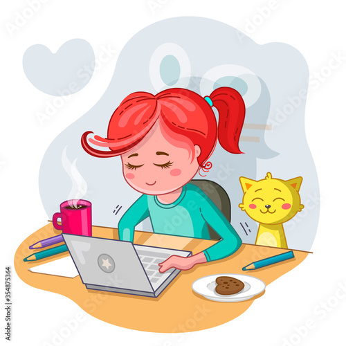Home studying. Online education. Stay home. Work from home. A young woman seat at a desk with a laptop and cat.