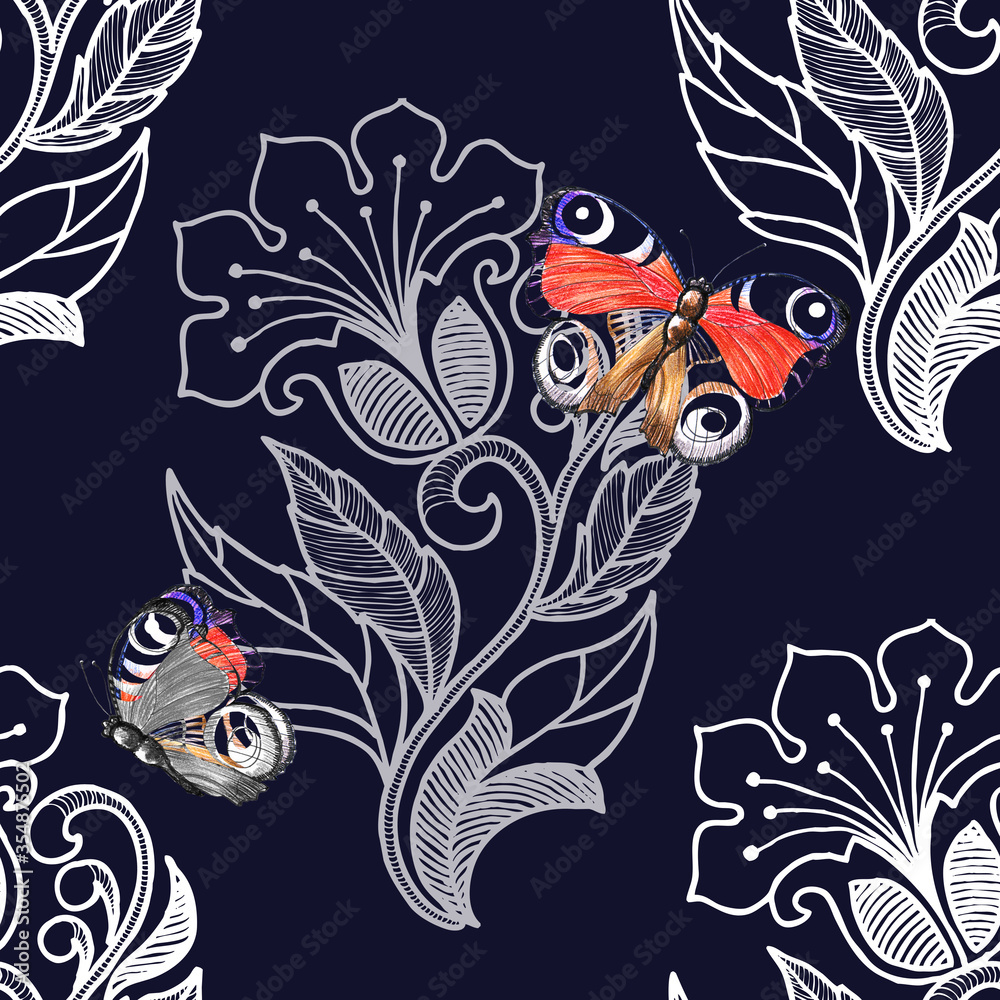 Fototapeta premium White openwork with butterfly on blue background. Floral seamless pattern.