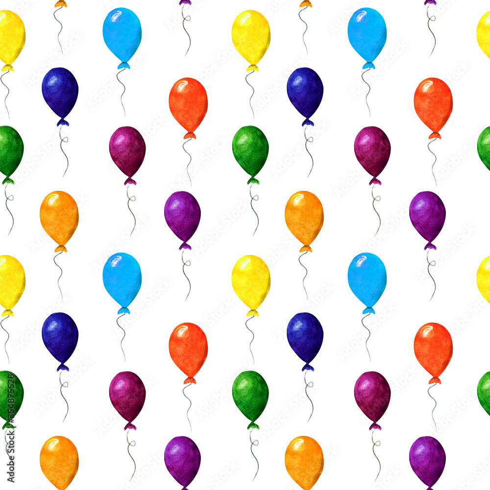 Seamless pattern with colorful air balloons isolated on white background. Watercolor hand drawn illustration in cartoon realistic style. Concept of celebration, holiday, happy birthday, gift.